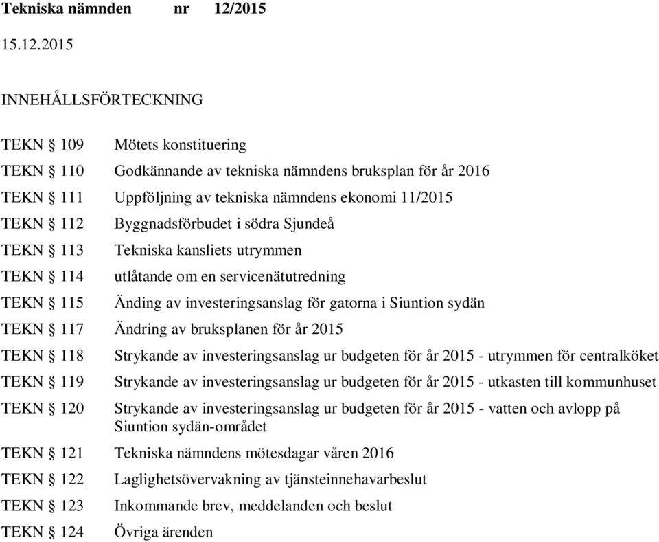 bruksplanen för år 2015 TEKN 118 TEKN 119 TEKN 120 Strykande av investeringsanslag ur budgeten för år 2015 - utrymmen för centralköket Strykande av investeringsanslag ur budgeten för år 2015 -