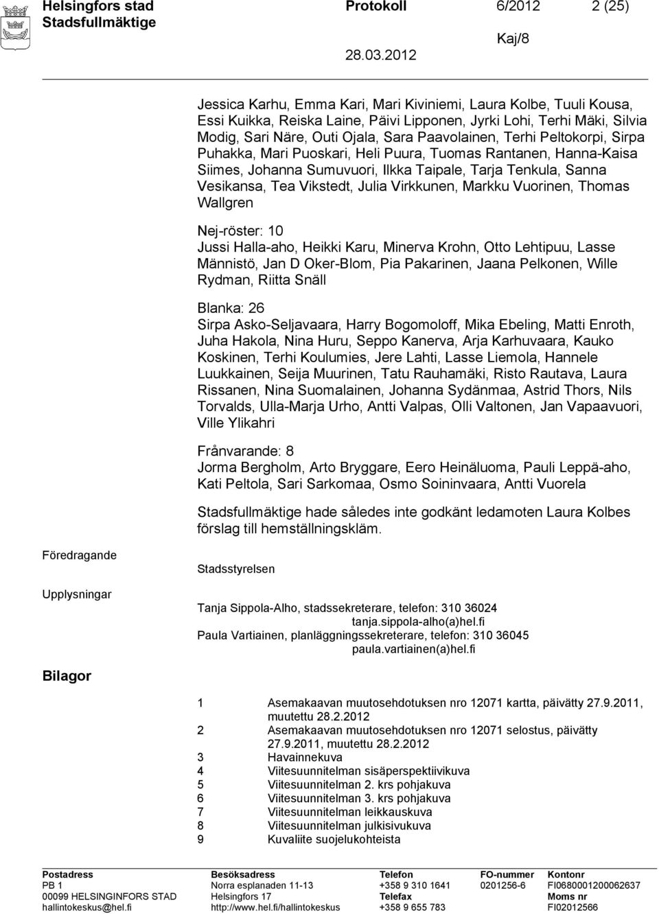 Tea Vikstedt, Julia Virkkunen, Markku Vuorinen, Thomas Wallgren Nej-röster: 10 Jussi Halla-aho, Heikki Karu, Minerva Krohn, Otto Lehtipuu, Lasse Männistö, Jan D Oker-Blom, Pia Pakarinen, Jaana