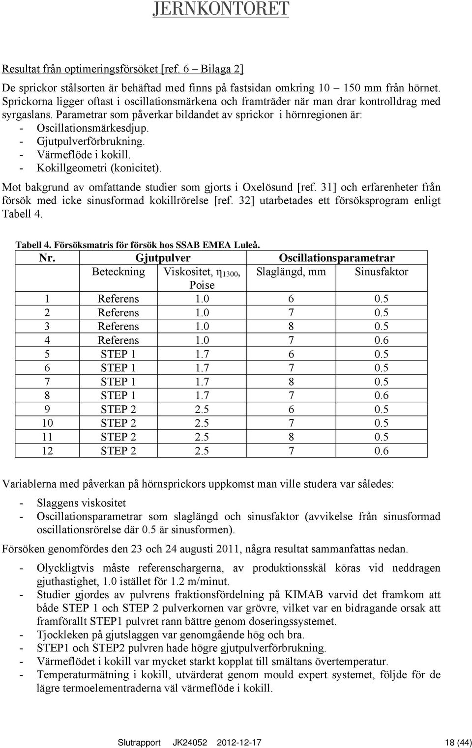 - Gjutpulverförbrukning. - Värmeflöde i kokill. - Kokillgeometri (konicitet). Mot bakgrund av omfattande studier som gjorts i Oxelösund [ref.
