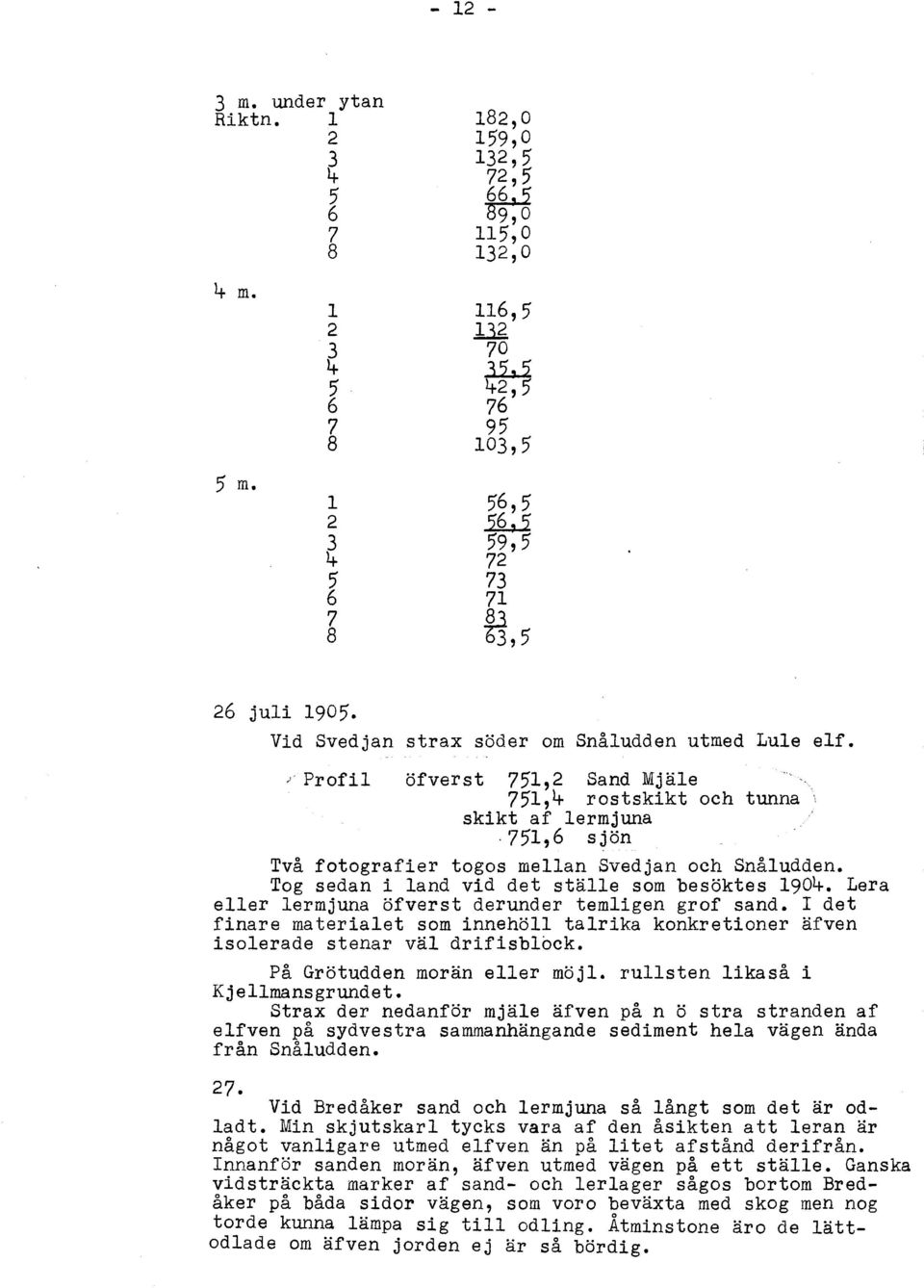 ; Profil öfverst 751,2 Sand Mjäle 751,4 rostskikt och tunna skikt af lermjuna 751,6 sjön Två fotografier togos mellan Svedjan och Snål udden. Tog sedan i land vid det ställe som besöktes 1904.