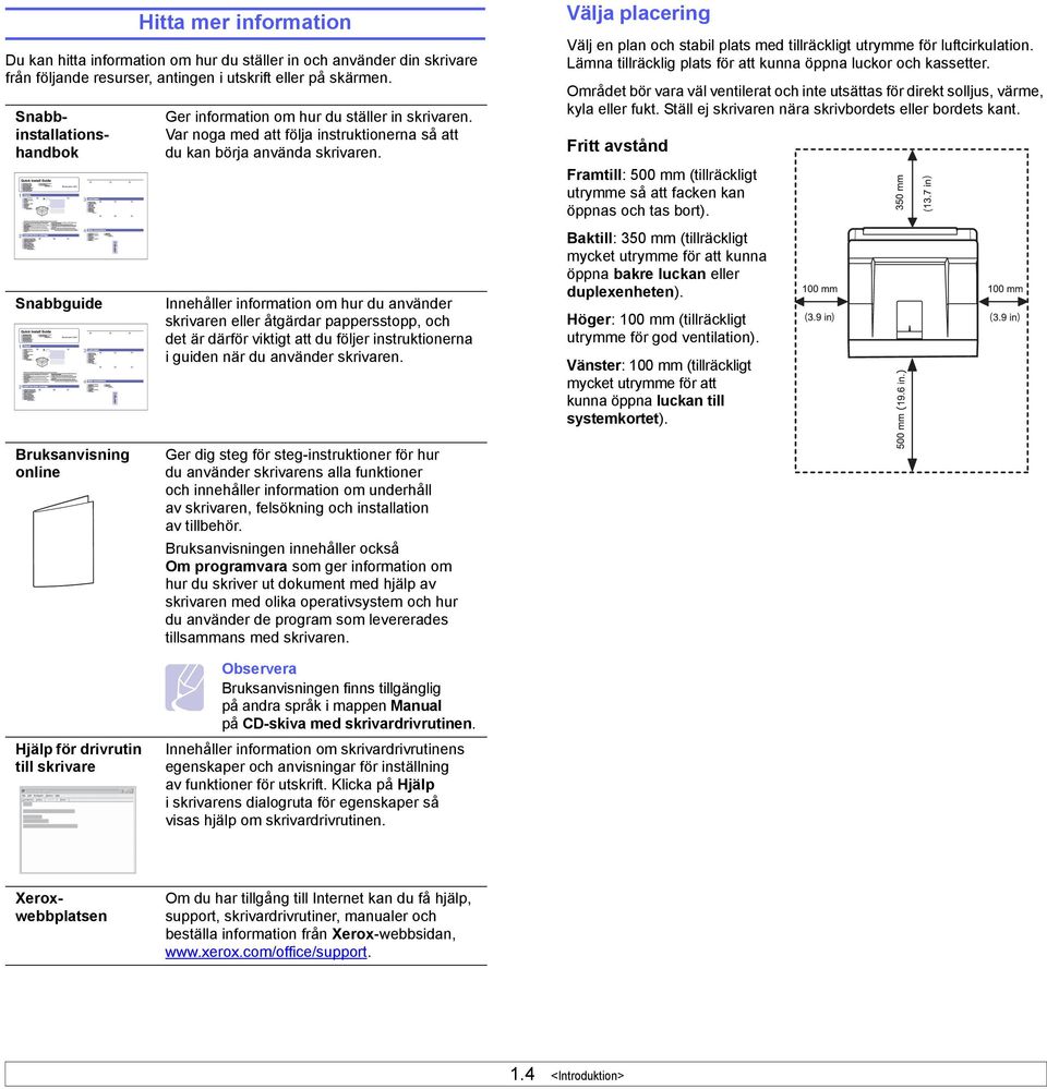 Snabbinstallationshandbok Området bör vara väl ventilerat och inte utsättas för direkt solljus, värme, kyla eller fukt. Ställ ej skrivaren nära skrivbordets eller bordets kant.