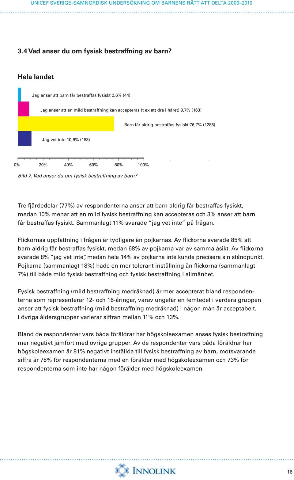 vet inte 10,9% (183) 0% 20% 40% 60% 80% 100% Bild 7. Vad anser du om fysisk bestraffning av barn?