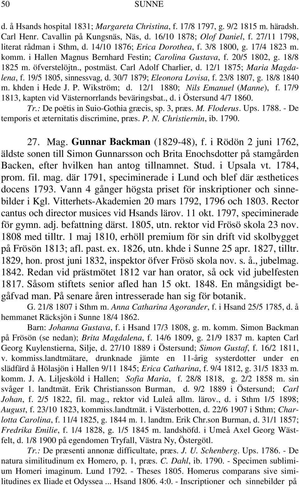 , postmäst. Carl Adolf Charlier, d. 12/1 1875; Maria Magdalena, f. 19/5 1805, sinnessvag, d. 30/7 1879; Eleonora Lovisa, f. 23/8 1807, g. 18/8 1840 m. khden i Hede J. P. Wikström; d.