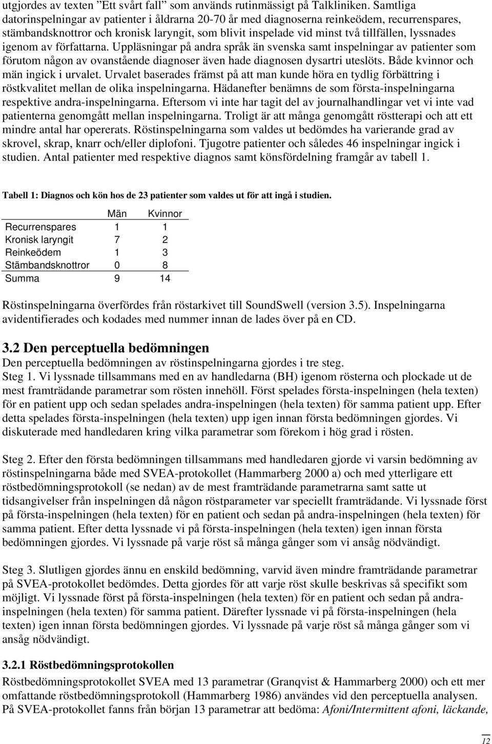 lyssnades igenom av författarna. Uppläsningar på andra språk än svenska samt inspelningar av patienter som förutom någon av ovanstående diagnoser även hade diagnosen dysartri uteslöts.