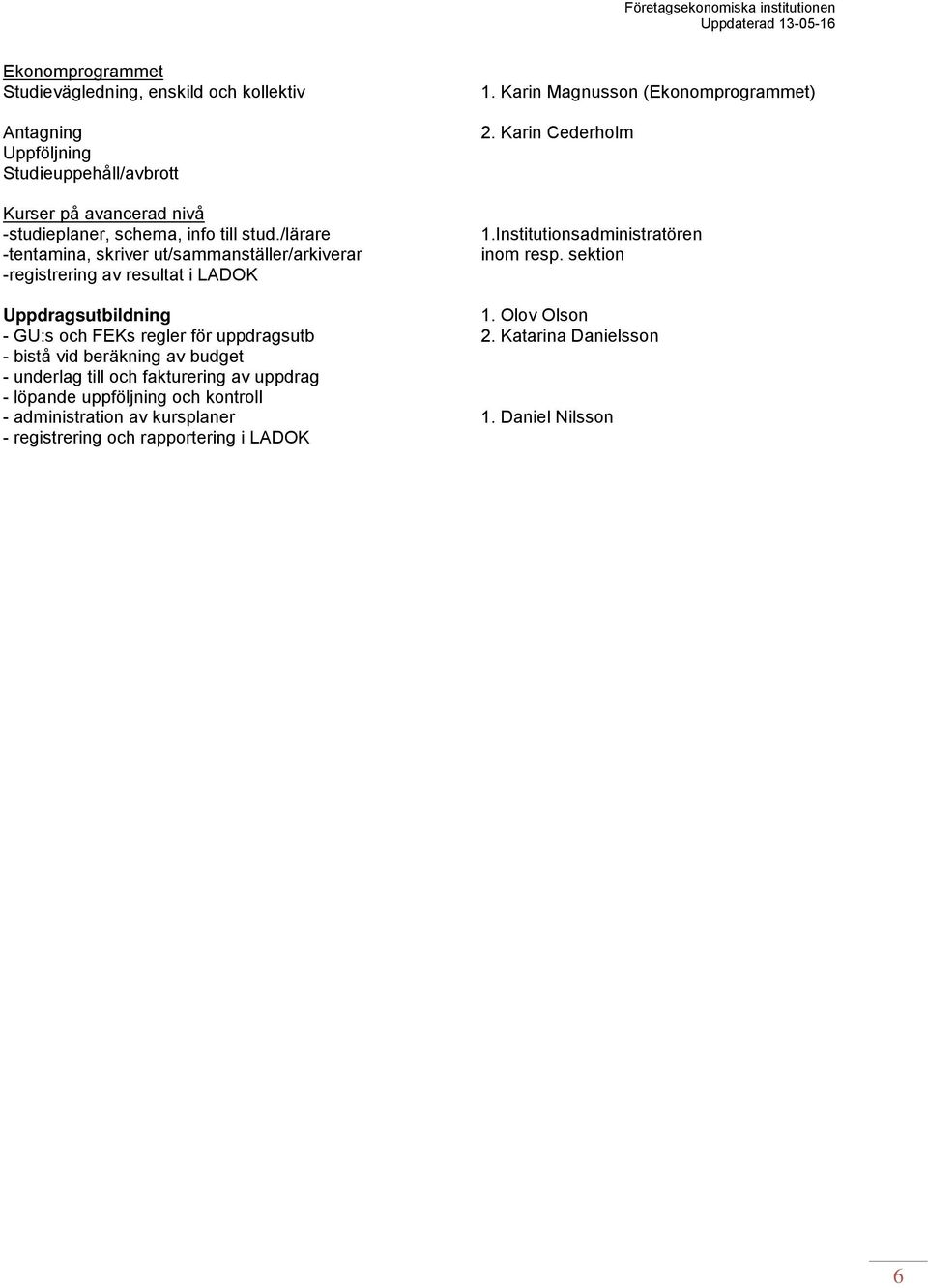 Institutionsadministratören inom resp. sektion Uppdragsutbildning 1. Olov Olson - GU:s och FEKs regler för uppdragsutb 2.