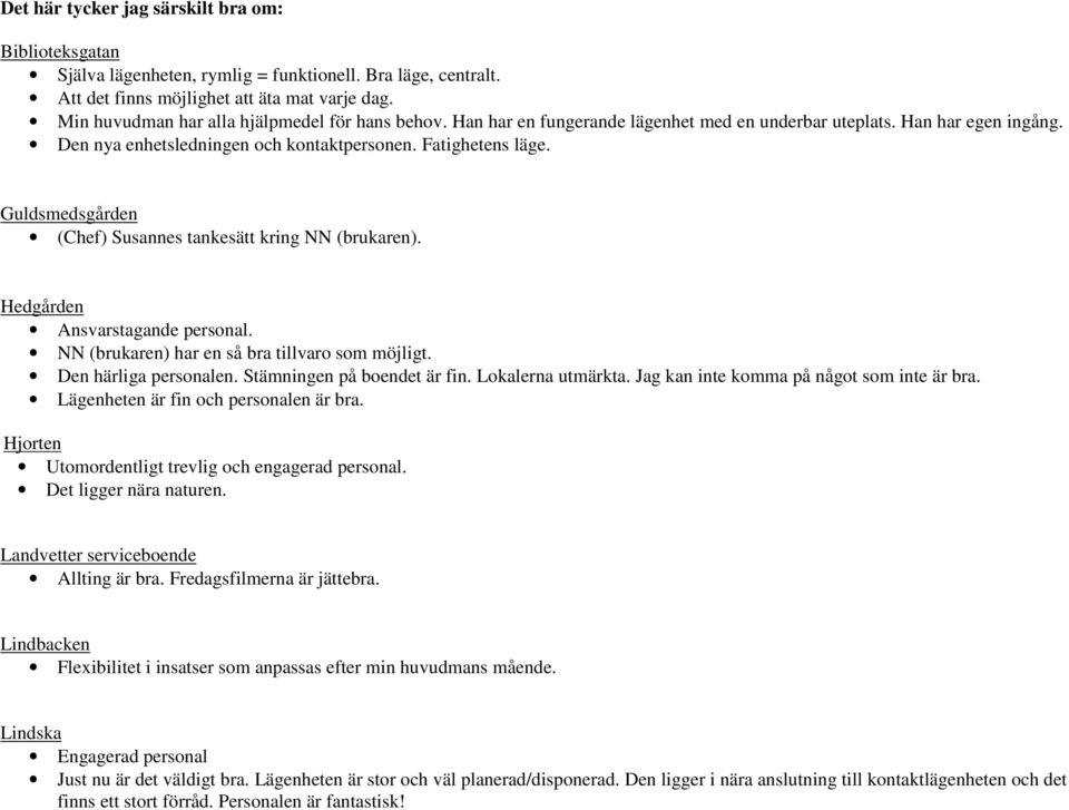 Guldsmedsgården (Chef) Susannes tankesätt kring NN (brukaren). Hedgården Ansvarstagande personal. NN (brukaren) har en så bra tillvaro som möjligt. Den härliga personalen.