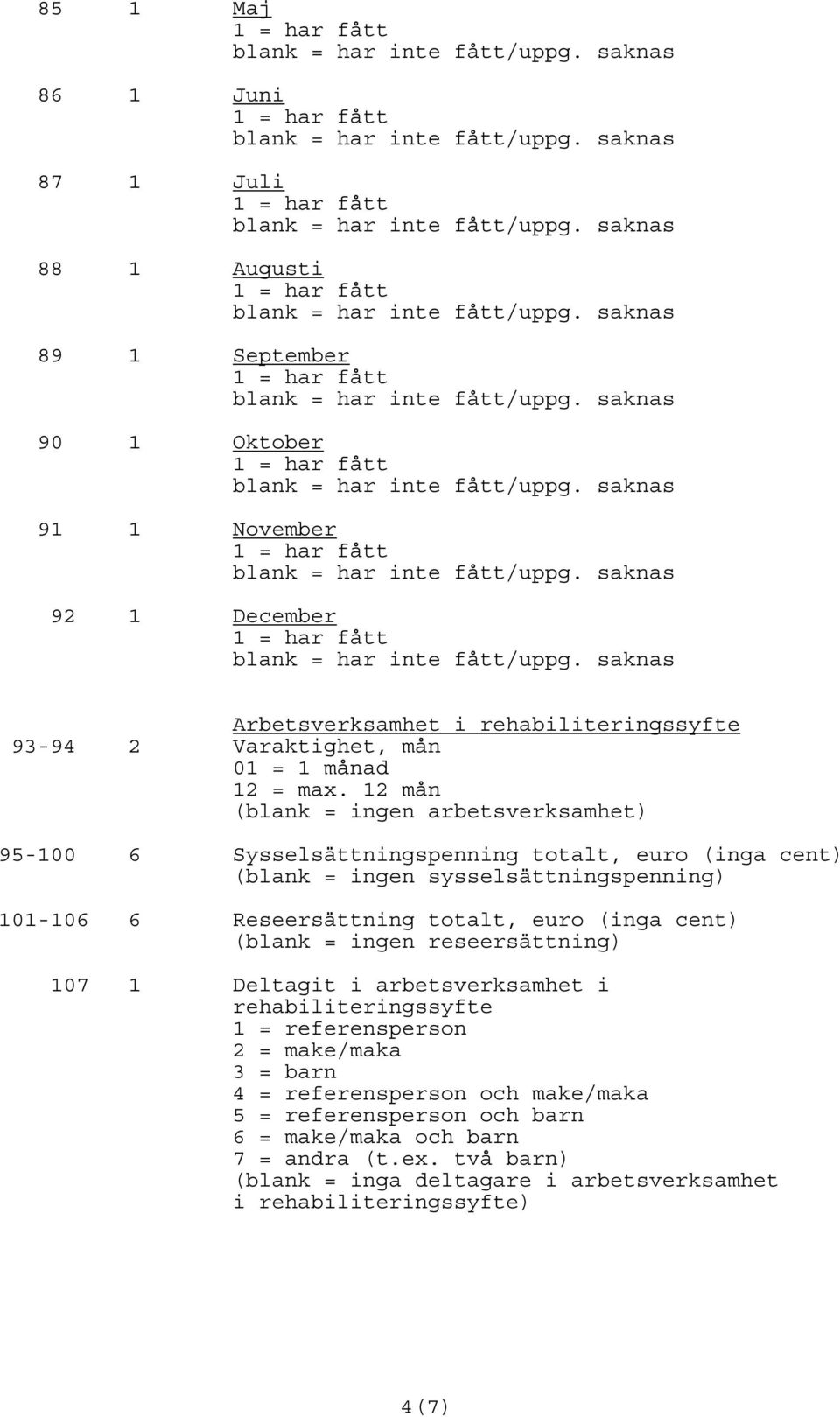 euro (inga cent) (blank = ingen reseersättning) 07 Deltagit i arbetsverksamhet i rehabiliteringssyfte = referensperson 2 = make/maka 3 = barn 4 = referensperson