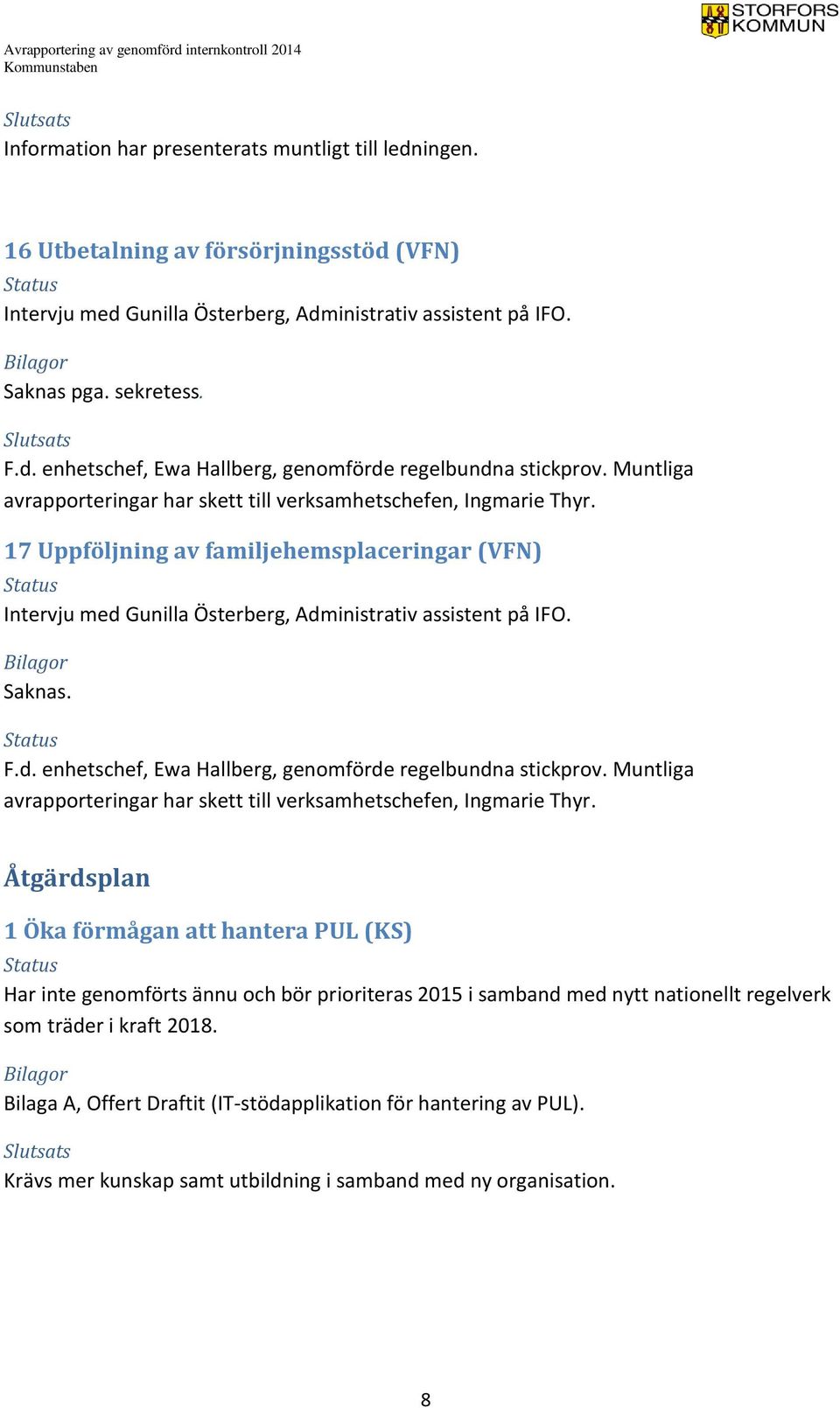 Muntliga avrapporteringar har skett till verksamhetschefen, Ingmarie Thyr.