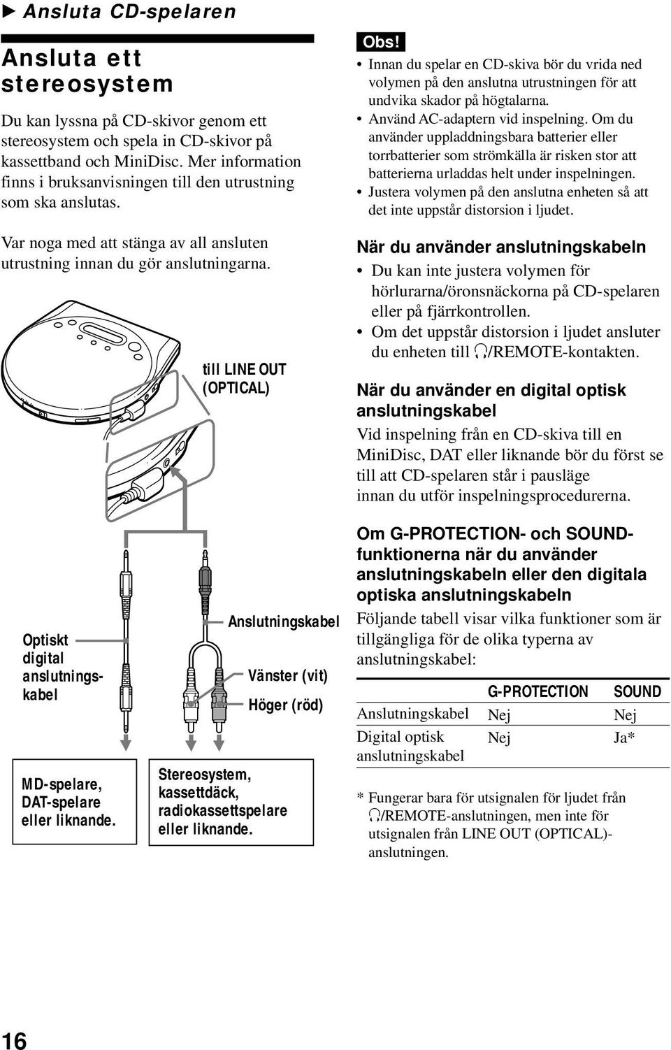 Innan du spelar en CD-skiva bör du vrida ned volymen på den anslutna utrustningen för att undvika skador på högtalarna Använd AC-adaptern vid inspelning Om du använder uppladdningsbara batterier