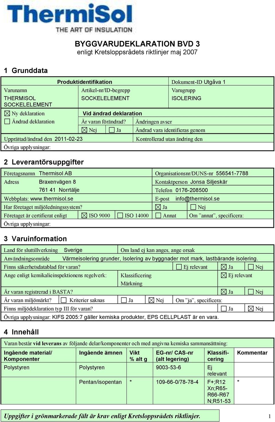 Ändringen avser Varugrupp ISOLERING Nej Ja Ändrad vara identifieras genom Kontrollerad utan ändring den Företagsnamn Thermisol AB Organisationsnr/DUNS-nr 556541-7788 Adress Braxenvägen 8