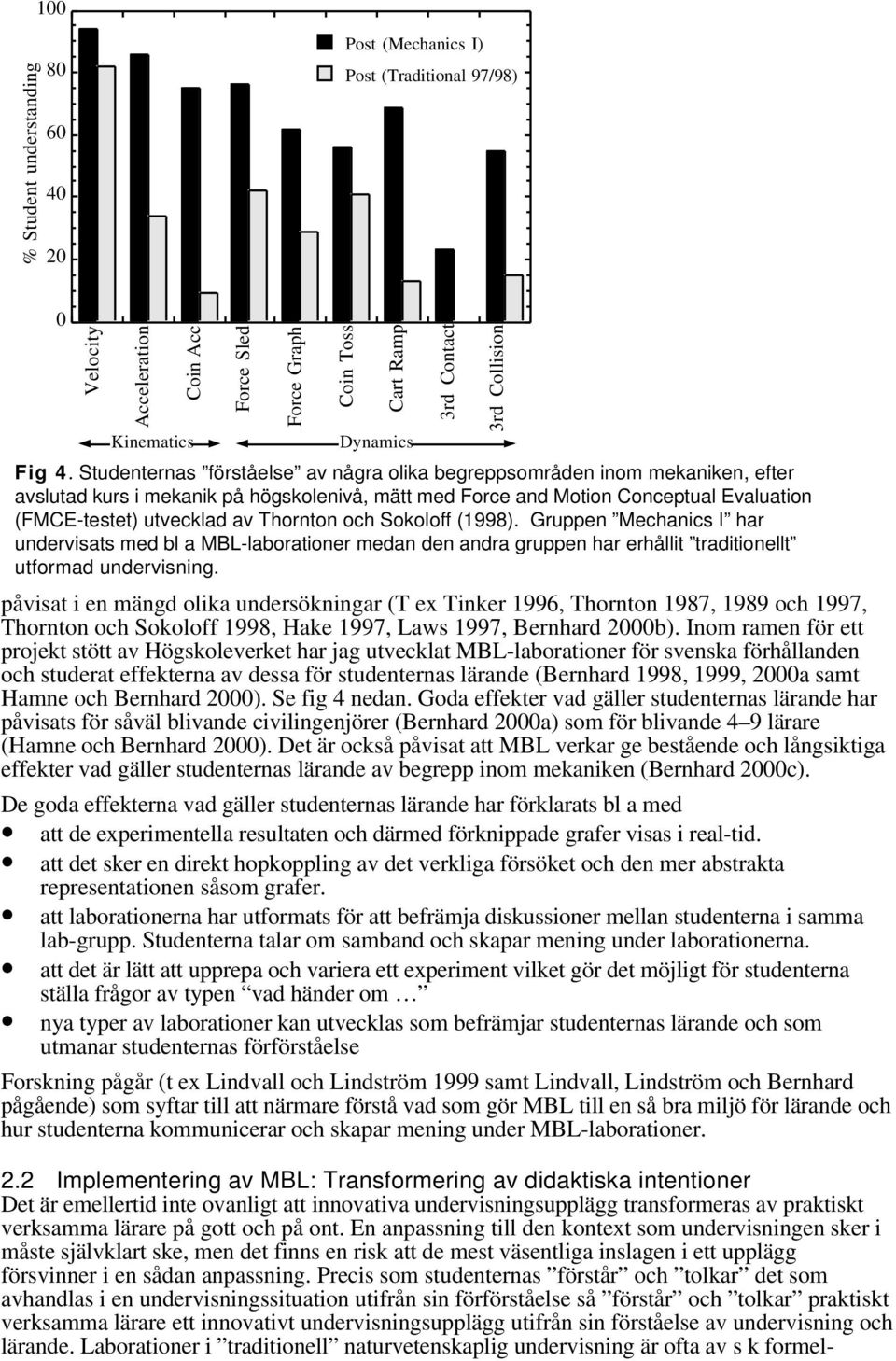 Thornton och Sokoloff (1998). Gruppen Mechanics I har undervisats med bl a MBL-laborationer medan den andra gruppen har erhållit traditionellt utformad undervisning.