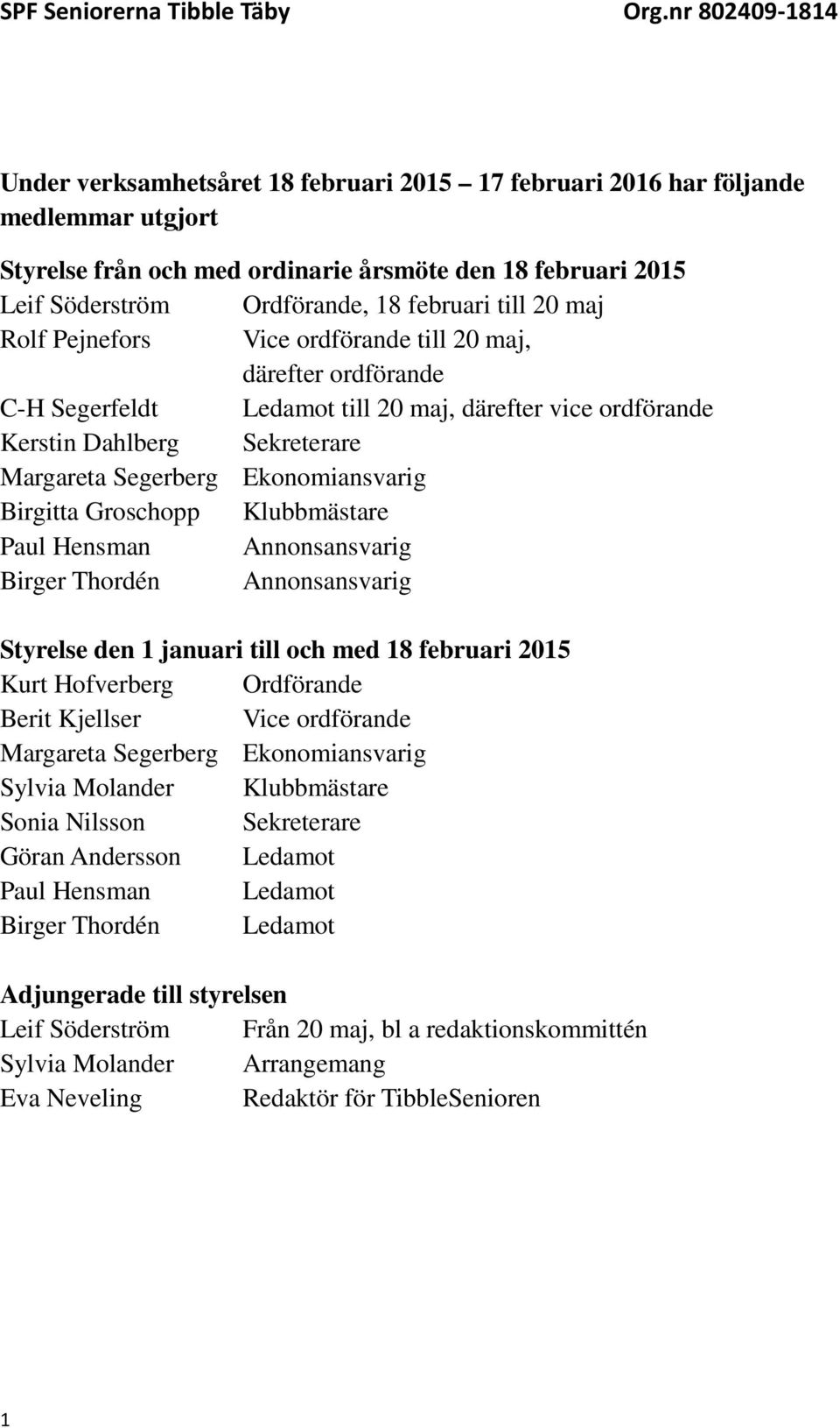 Groschopp Klubbmästare Paul Hensman Annonsansvarig Birger Thordén Annonsansvarig Styrelse den 1 januari till och med 18 februari 2015 Kurt Hofverberg Ordförande Berit Kjellser Vice ordförande