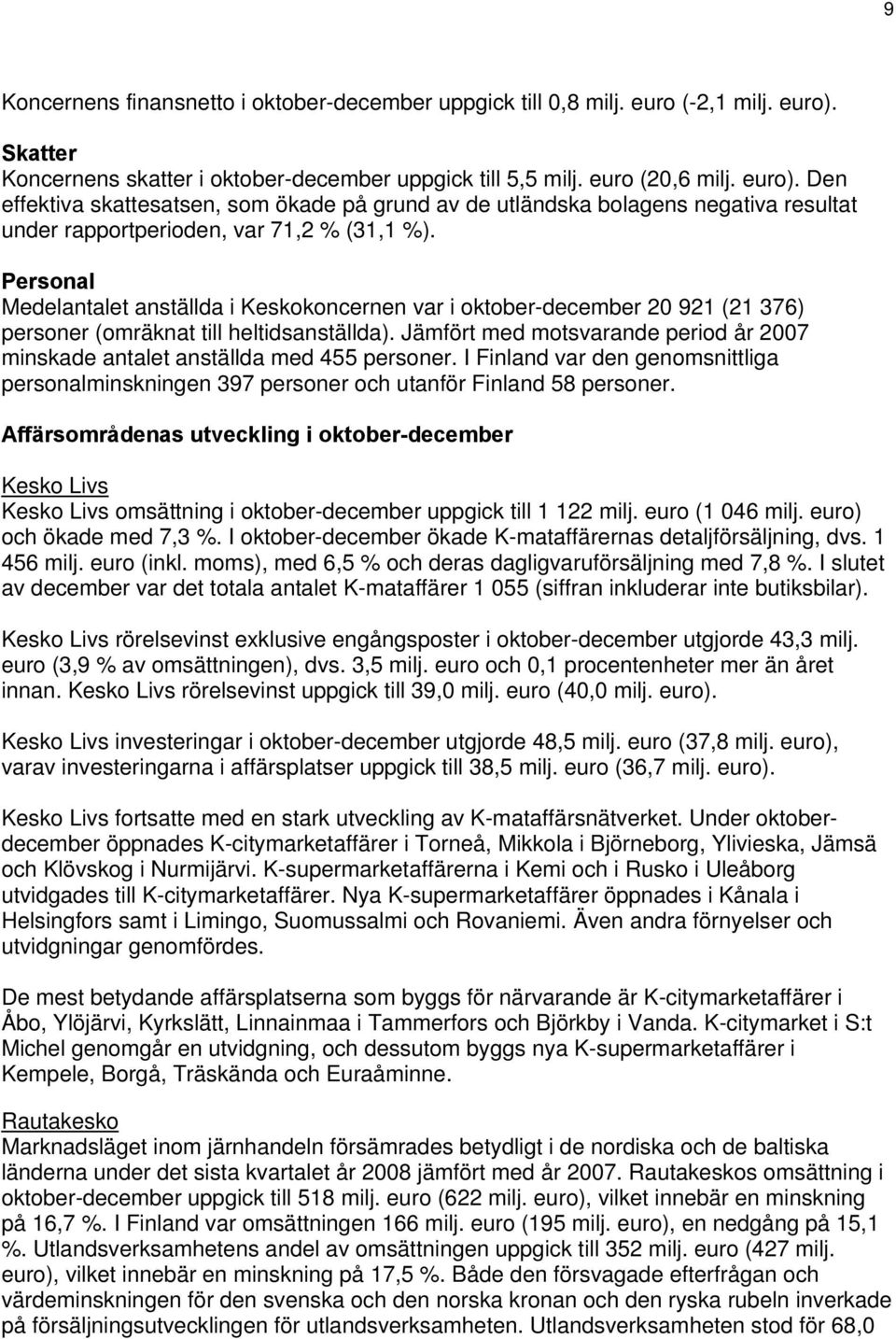 Den effektiva skattesatsen, som ökade på grund av de utländska bolagens negativa resultat under rapportperioden, var 71,2 % (31,1 %).