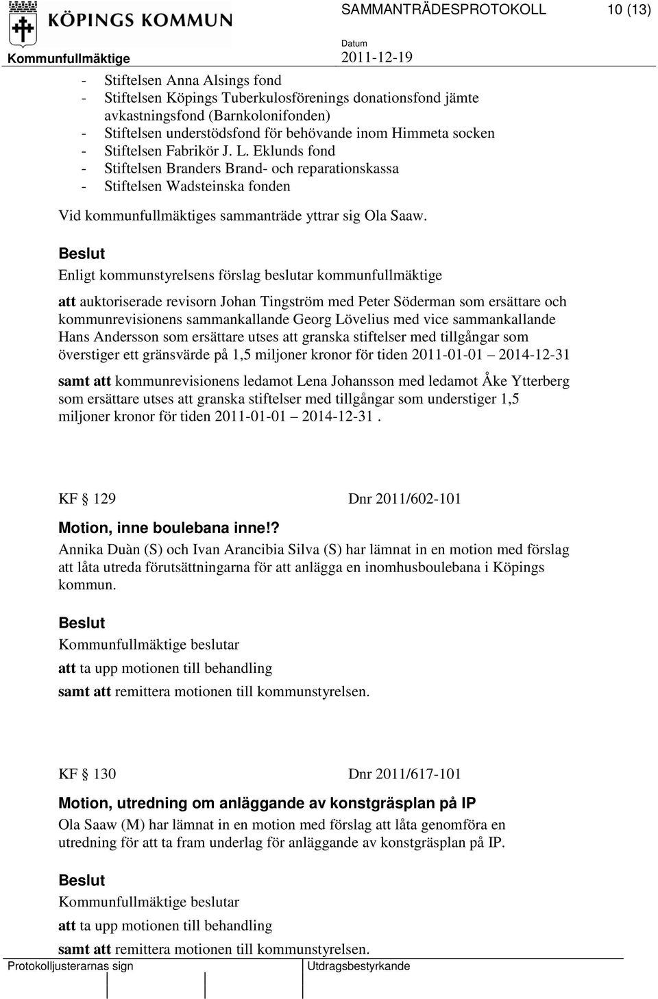 att auktoriserade revisorn Johan Tingström med Peter Söderman som ersättare och kommunrevisionens sammankallande Georg Lövelius med vice sammankallande Hans Andersson som ersättare utses att granska