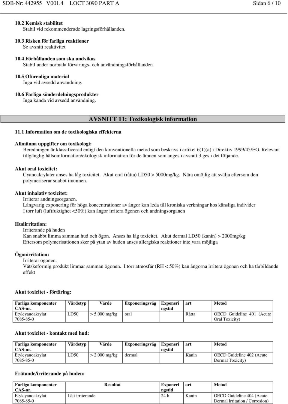 11.1 Information om de toxikologiska effekterna AVSNITT 11: Toxikologisk information Allmänna uppgifter om toxikologi: Beredningen är klassificerad enligt den konventionella metod som beskrivs i