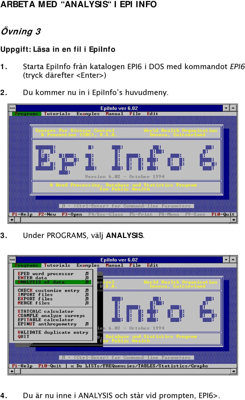 därefter <Enter>) 2. Du kommer nu in i EpiInfo s huvudmeny. 3.