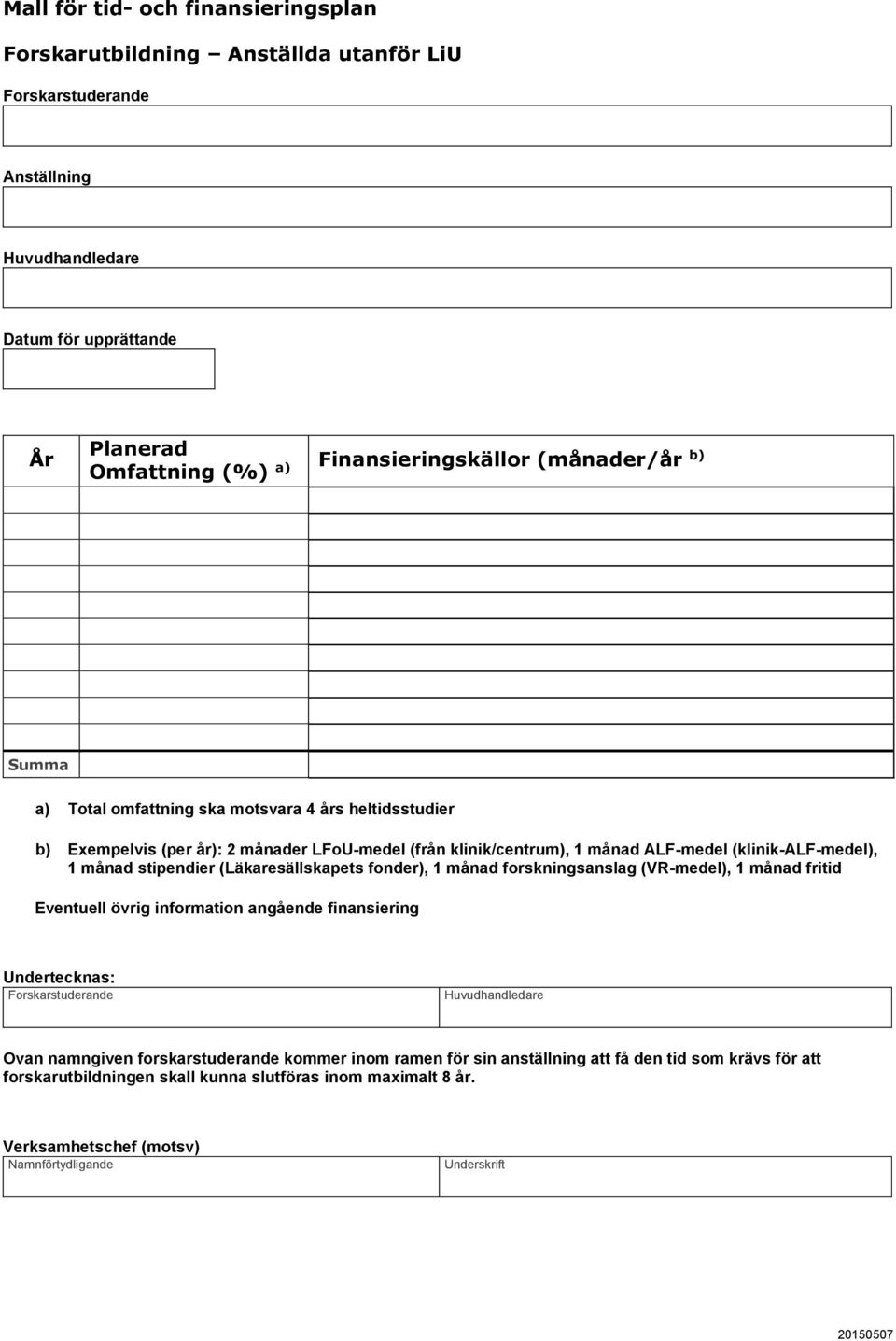 (Läkaresällskapets fonder), 1 månad forskningsanslag (VR-medel), 1 månad fritid Eventuell övrig information angående finansiering Undertecknas: Forskarstuderande Ovan namngiven