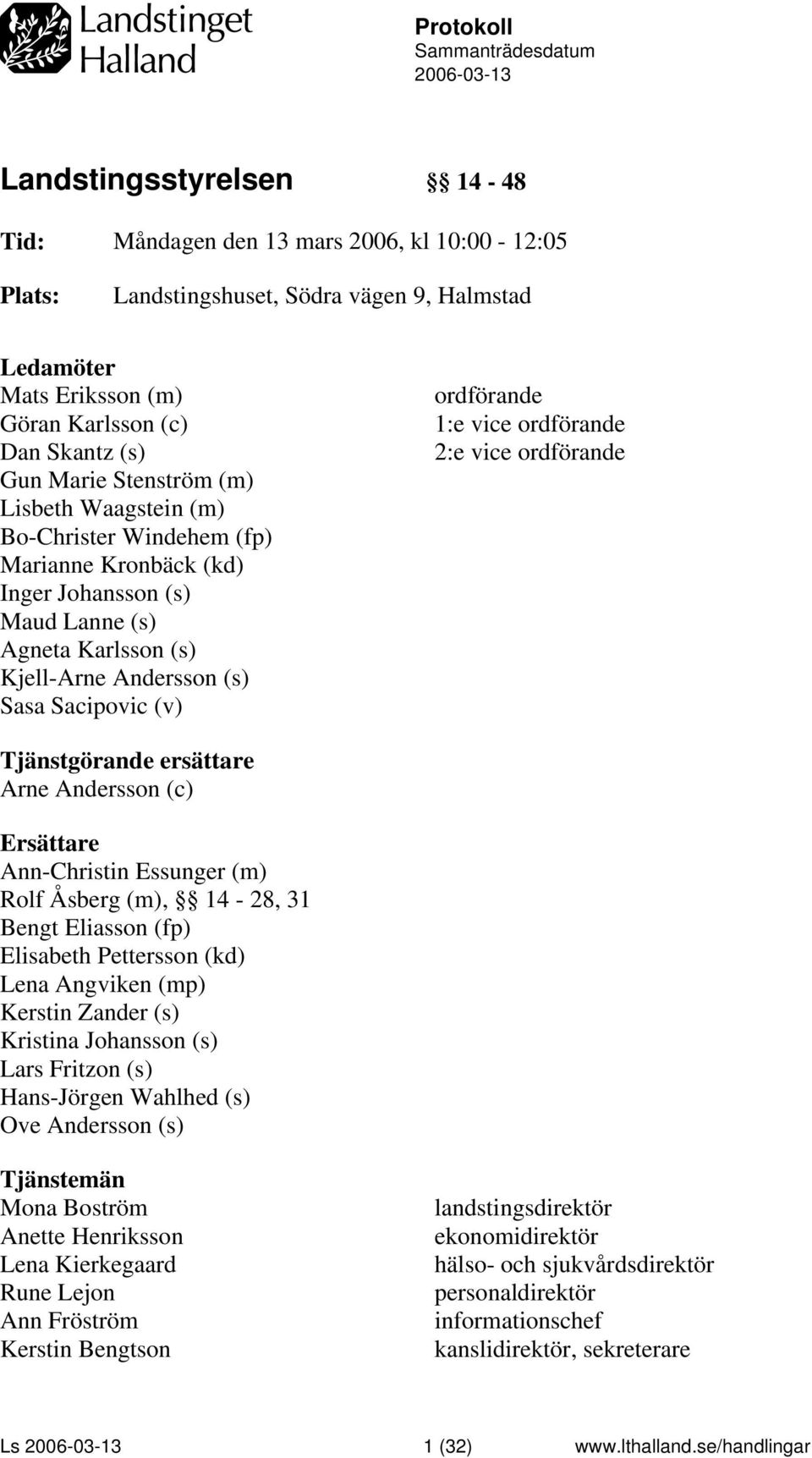 (s) Sasa Sacipovic (v) ordförande 1:e vice ordförande 2:e vice ordförande Tjänstgörande ersättare Arne Andersson (c) Ersättare Ann-Christin Essunger (m) Rolf Åsberg (m), 14-28, 31 Bengt Eliasson (fp)