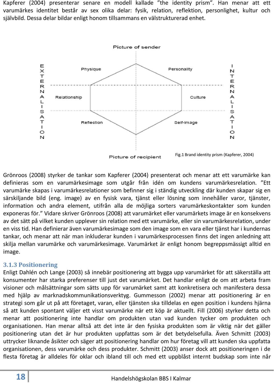 Fig.1 Brand identity prism (Kapferer, 2004) Grönroos (2008) styrker de tankar som Kapferer (2004) presenterat och menar att ett varumärke kan definieras som en varumärkesimage som utgår från idén om