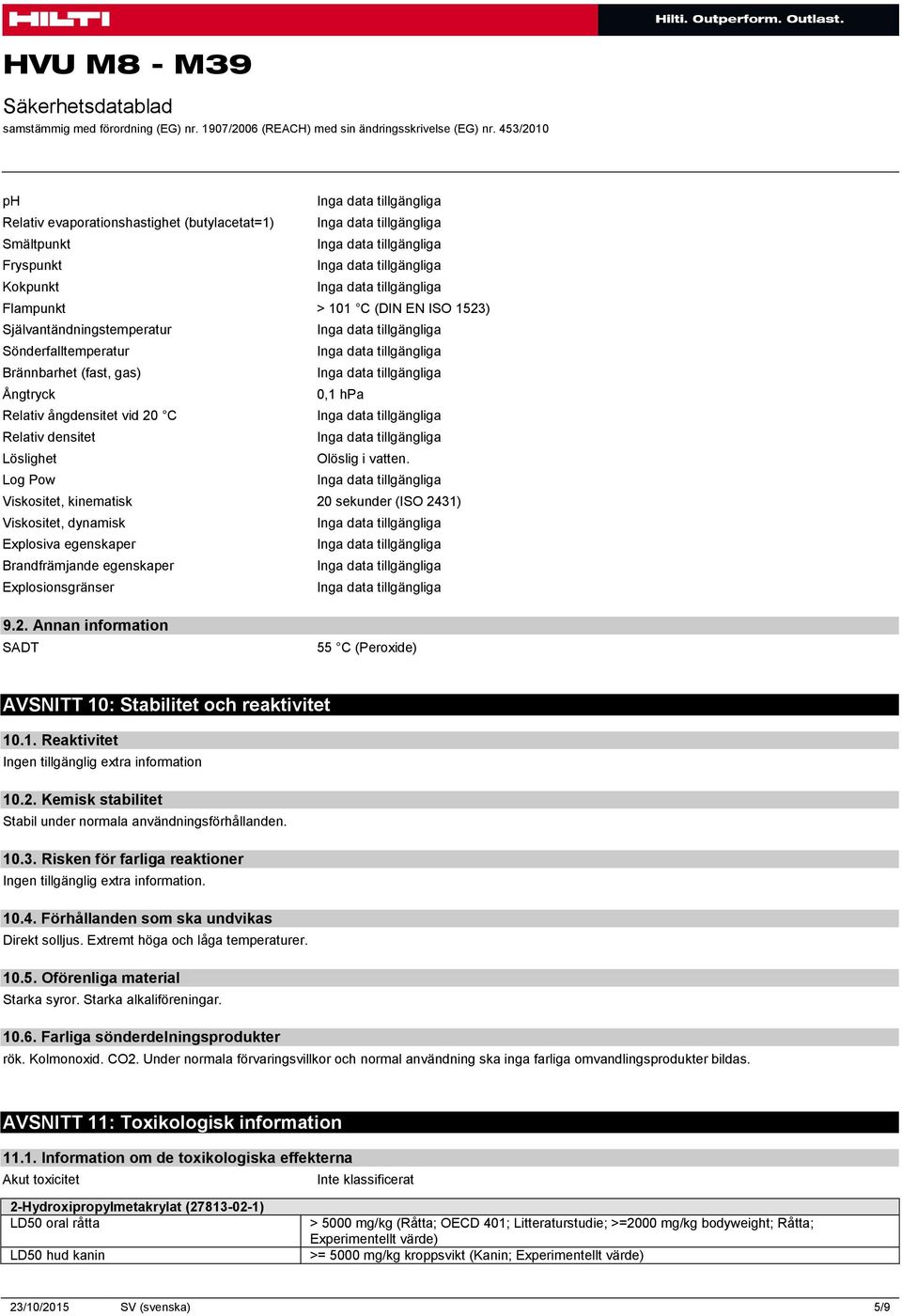 Log Pow Viskositet, kinematisk 20 sekunder (ISO 2431) Viskositet, dynamisk Explosiva egenskaper Brandfrämjande egenskaper Explosionsgränser 9.2. Annan information SADT 55 C (Peroxide) AVSNITT 10: Stabilitet och reaktivitet 10.