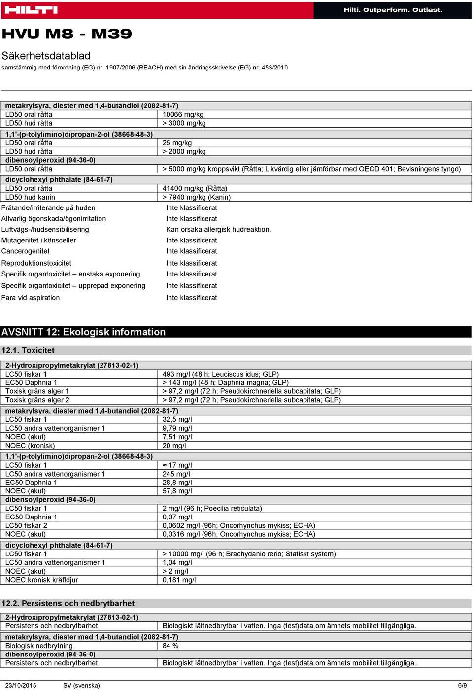 Specifik organtoxicitet enstaka exponering Specifik organtoxicitet upprepad exponering Fara vid aspiration 25 mg/kg > 2000 mg/kg > 5000 mg/kg kroppsvikt (Råtta; Likvärdig eller jämförbar med OECD