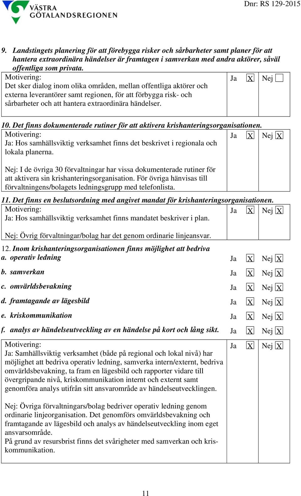 Det finns dokumenterade rutiner för att aktivera krishanteringsorganisationen. Ja: Hos samhällsviktig verksamhet finns det beskrivet i regionala och lokala planerna.