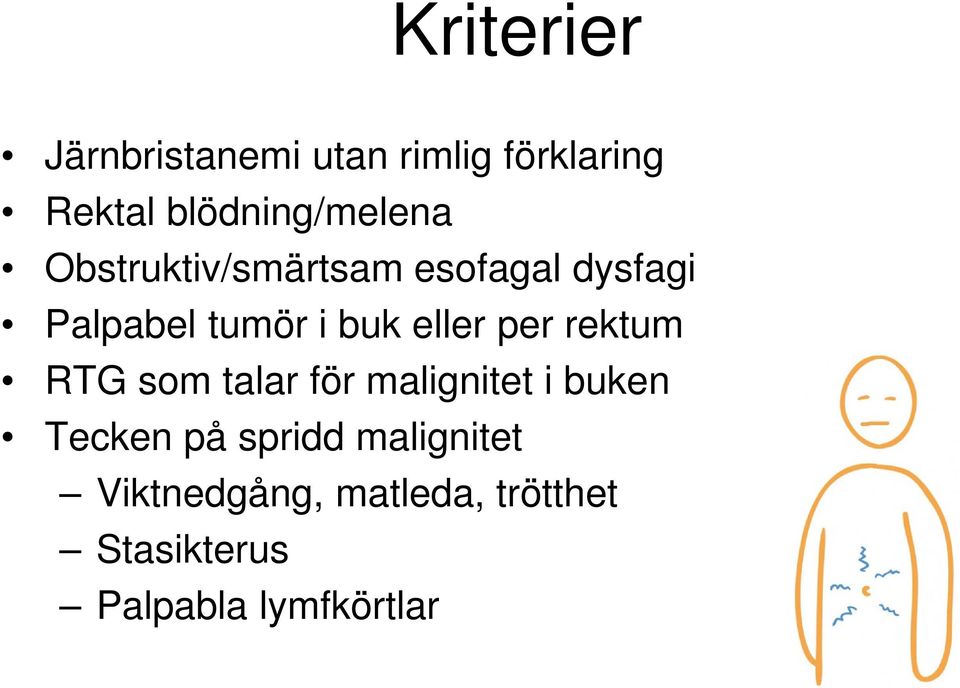 i buk eller per rektum RTG som talar för malignitet i buken Tecken