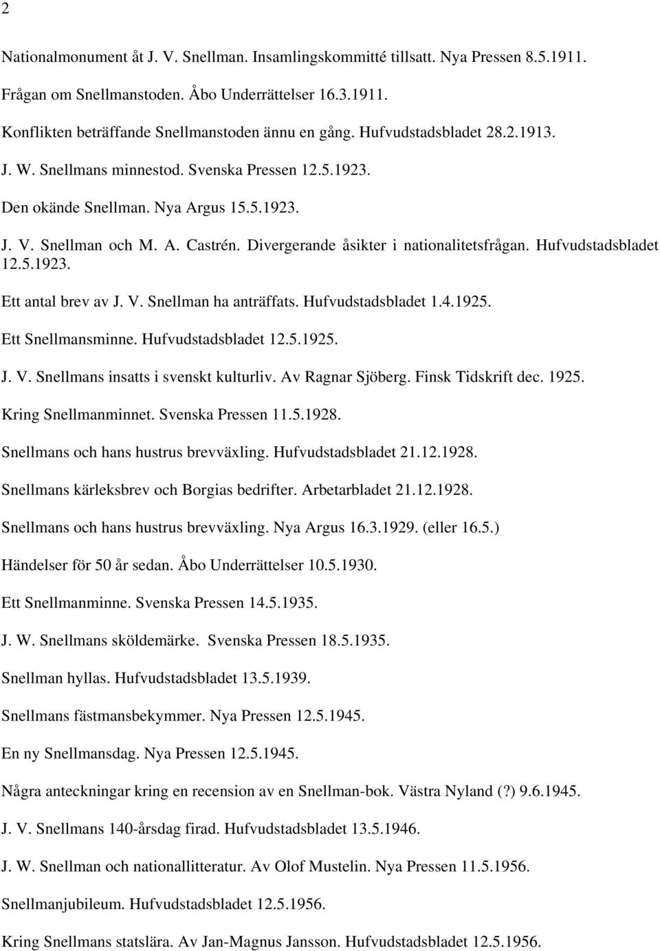 Divergerande åsikter i nationalitetsfrågan. Hufvudstadsbladet 12.5.1923. Ett antal brev av J. V. Snellman ha anträffats. Hufvudstadsbladet 1.4.1925. Ett Snellmansminne. Hufvudstadsbladet 12.5.1925. J. V. Snellmans insatts i svenskt kulturliv.