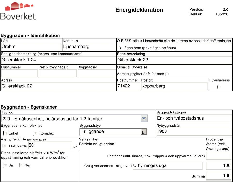 b Egna hem (privatägda småhus) Egen beteckning Gillersklack 22 Husnummer Prefix byggnadsid Byggnadsid Orsak till avvikelse Adress Gillersklack 22 Adressuppgifter är fel/saknas Postnummer 71422