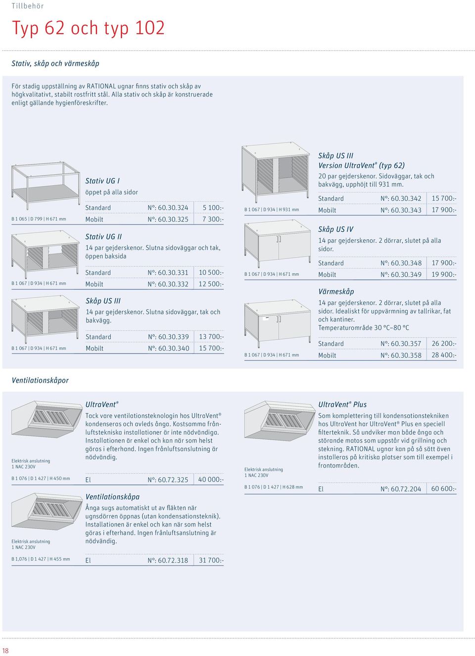 Skåp US III Version UltraVent (typ 62) B 1 065 D 799 H 671 mm B 1 067 D 934 H 671 mm B 1 067 D 934 H 671 mm Stativ UG I öppet på alla sidor Standard N : 60.30.324 Mobilt N : 60.30.325 Stativ UG II 14 par gejderskenor.