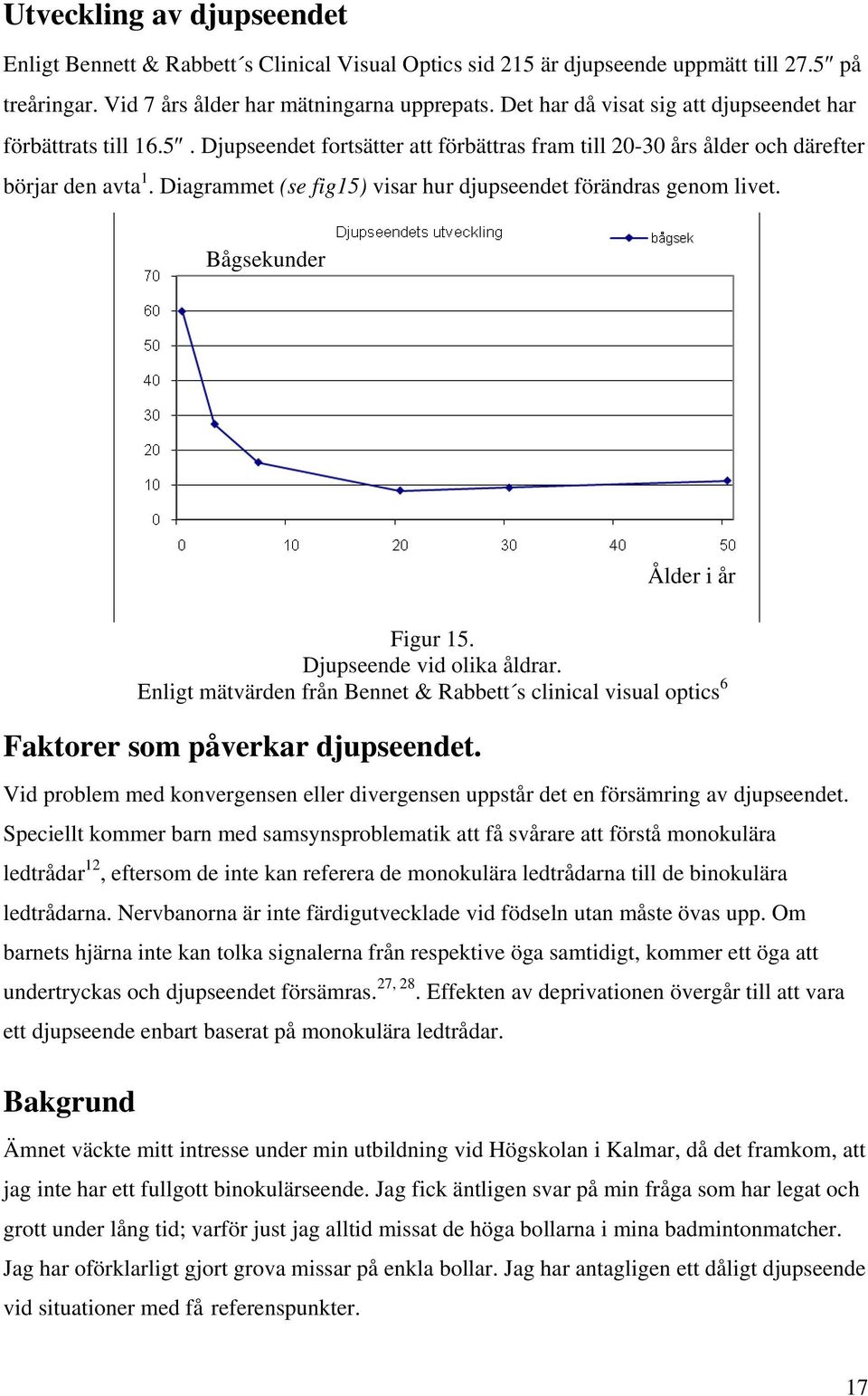 Diagrammet (se fig15) visar hur djupseendet förändras genom livet. Bågsekunder Ålder i år Faktorer som påverkar djupseendet.