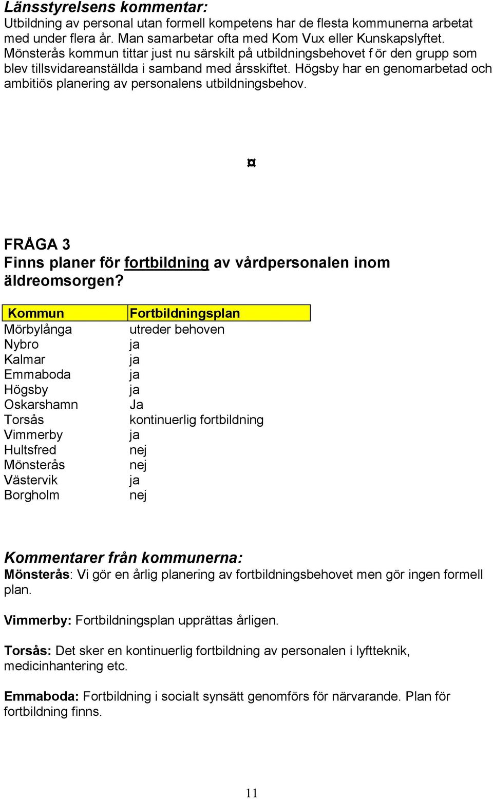 Högsby har en genomarbetad och ambitiös planering av personalens utbildningsbehov. FRÅGA 3 Finns planer för fortbildning av vårdpersonalen inom äldreomsorgen?