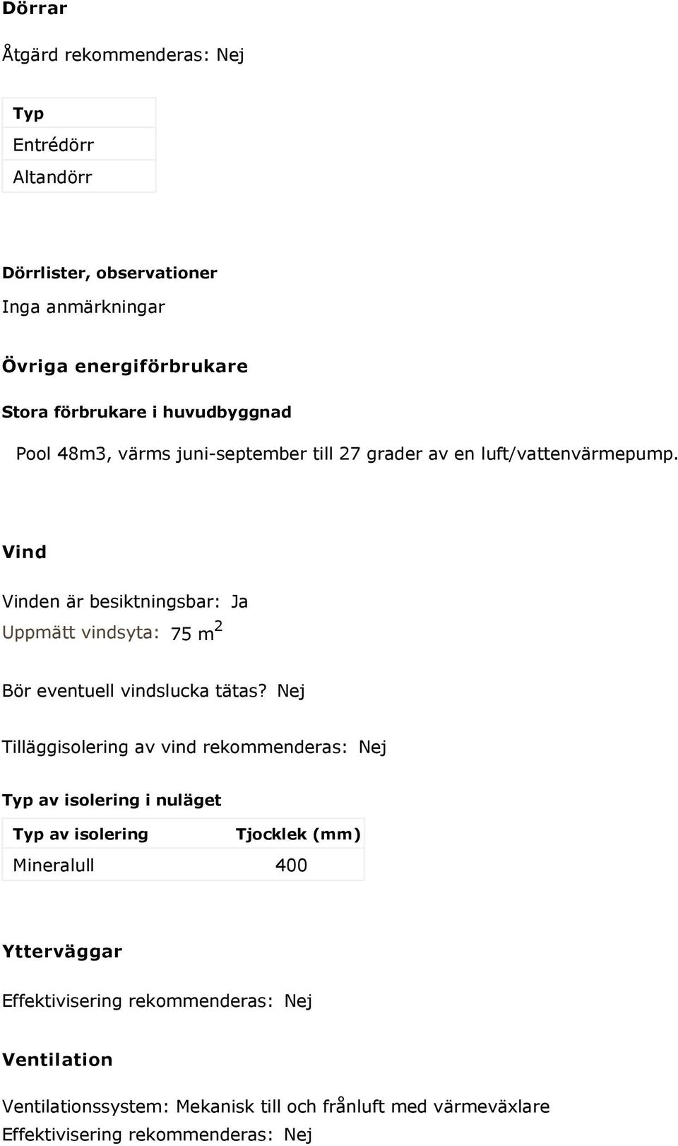 Vind Vinden är besiktningsbar: Ja Uppmätt vindsyta: 75 m 2 Bör eventuell vindslucka tätas?