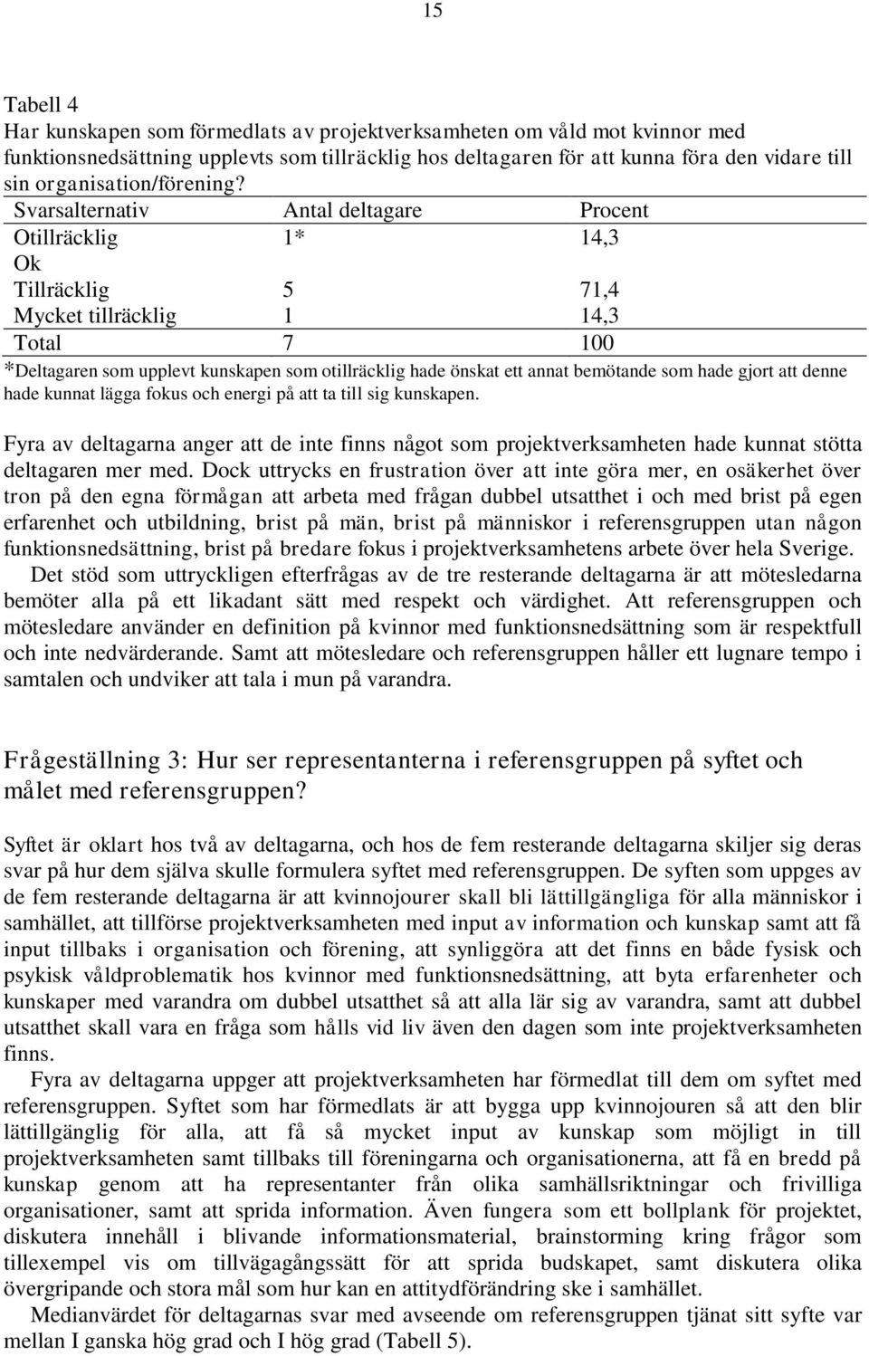 Svarsalternativ Antal deltagare Procent Otillräcklig 1* 14,3 Ok Tillräcklig 5 71,4 Mycket tillräcklig 1 14,3 Total 7 100 *Deltagaren som upplevt kunskapen som otillräcklig hade önskat ett annat