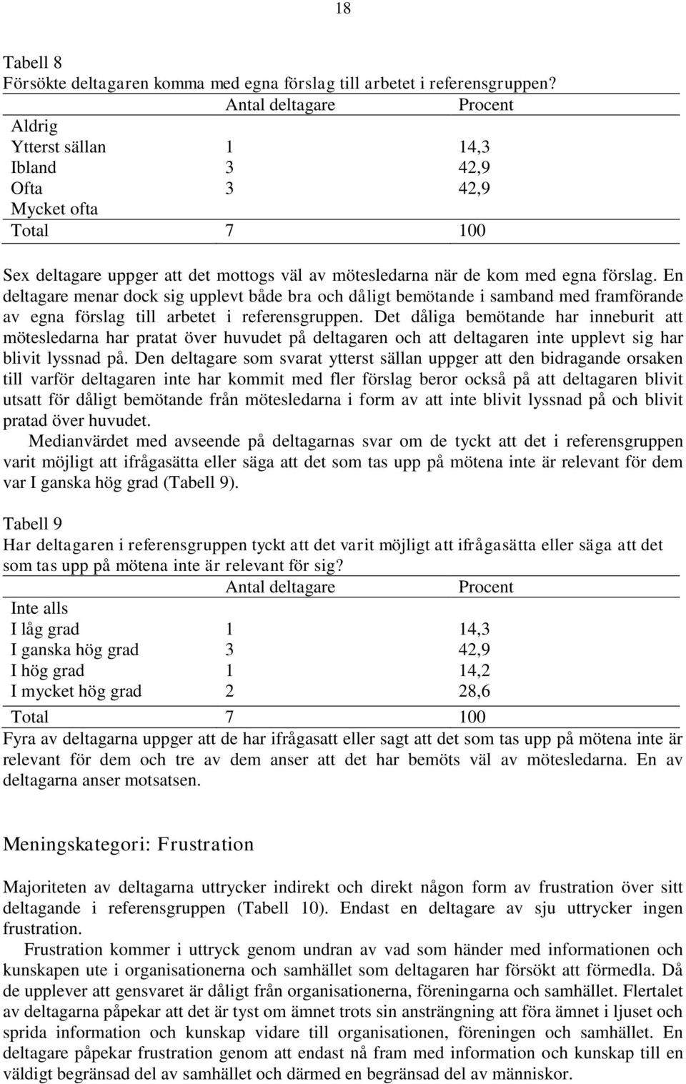 En deltagare menar dock sig upplevt både bra och dåligt bemötande i samband med framförande av egna förslag till arbetet i referensgruppen.