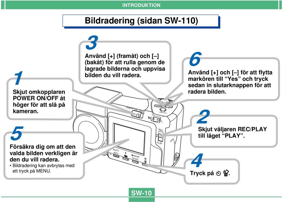 Bildradering (sidan SW-110) 3 Använd [+] (framåt) och [ ] (bakåt) för att rulla genom de lagrade bilderna och uppvisa bilden du vill radera.