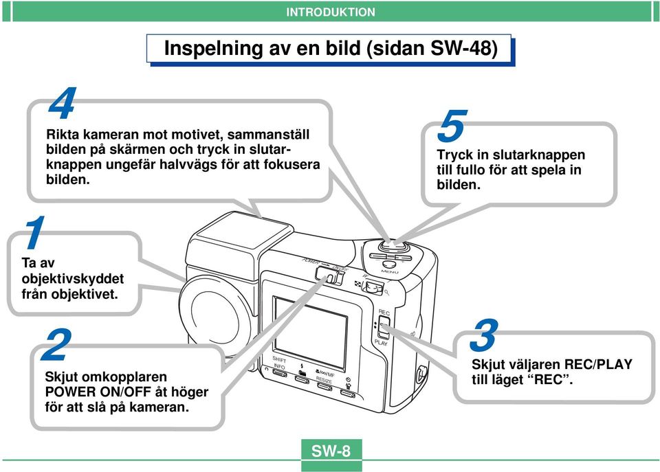 5 Tryck in slutarknappen till fullo för att spela in bilden. 1Ta av objektivskyddet från objektivet.