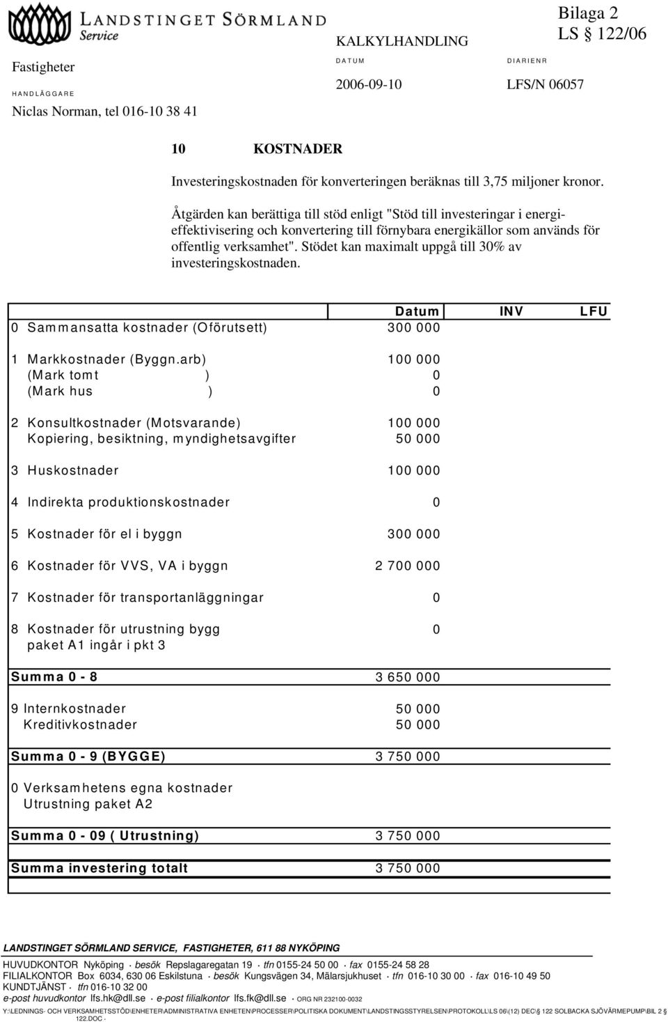 Stödet kan maximalt uppgå till 30% av investeringskostnaden. Datum INV LFU 0 Sammansatta kostnader (Oförutsett) 300 000 1 Markkostnader (Byggn.