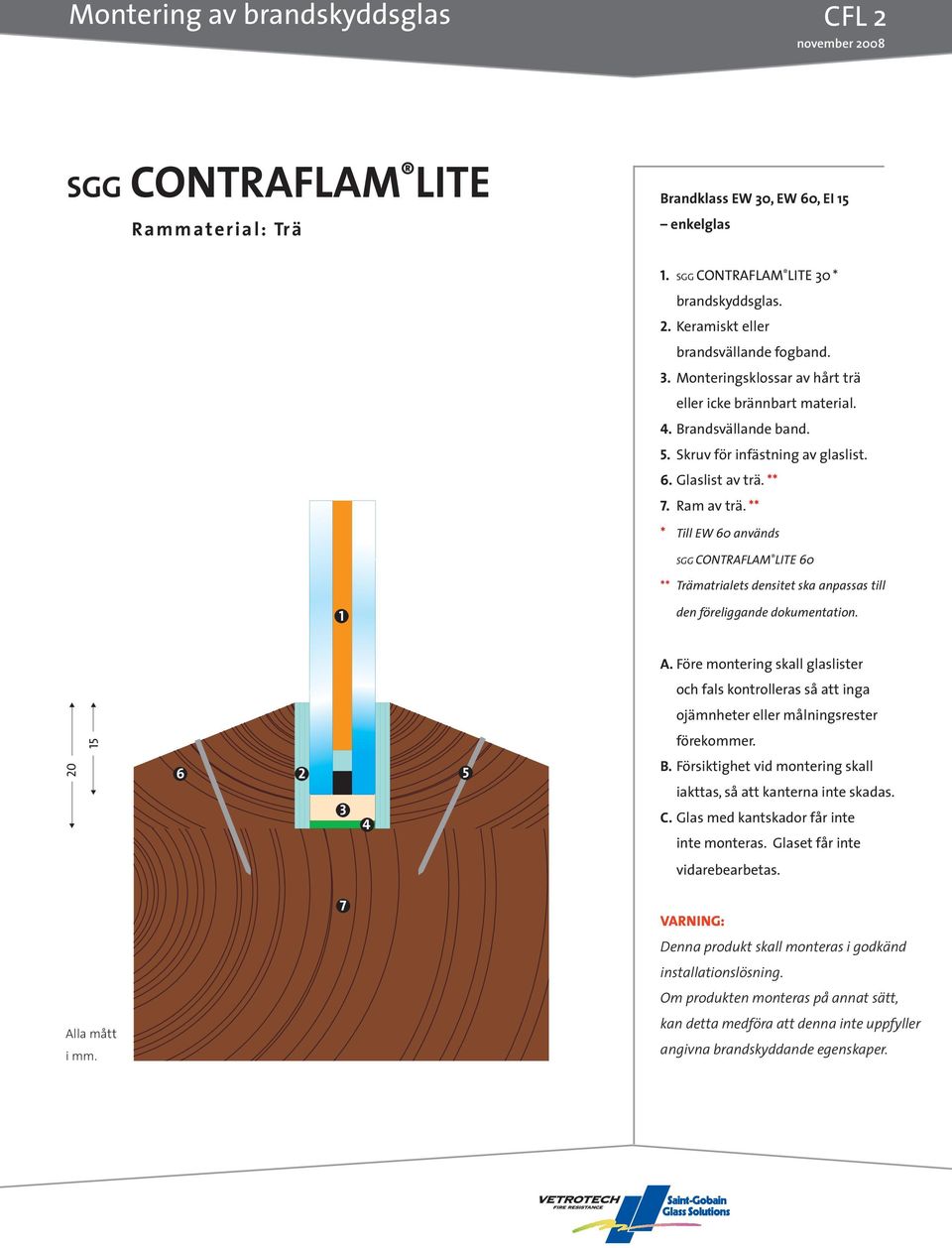 ** * Till EW 0 används SGG CONTRAFLAM LITE 0 ** Trämatrialets densitet ska anpassas till den föreliggande dokumentation. ojämnheter eller målningsrester förekommer. 2 B.