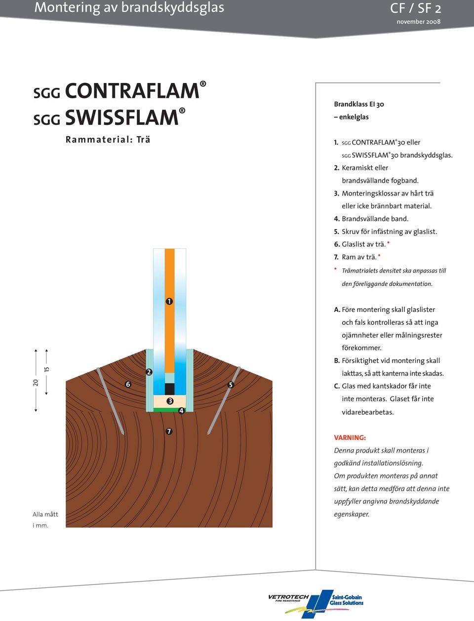 * * Trämatrialets densitet ska anpassas till den föreliggande dokumentation. ojämnheter eller målningsrester förekommer. B. Försiktighet vid montering skall 2 C.