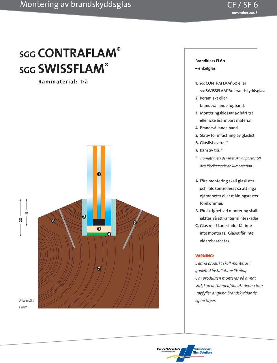 * * Trämatrialets densitet ska anpassas till den föreliggande dokumentation. ojämnheter eller målningsrester förekommer. 2 B. Försiktighet vid montering skall C.