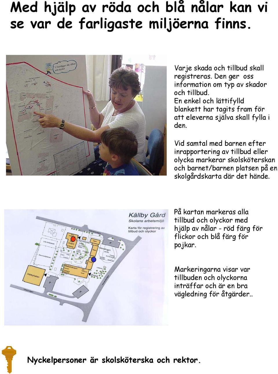 Vid samtal med barnen efter inrapportering av tillbud eller olycka markerar skolsköterskan och barnet/barnen platsen på en skolgårdskarta där det hände.