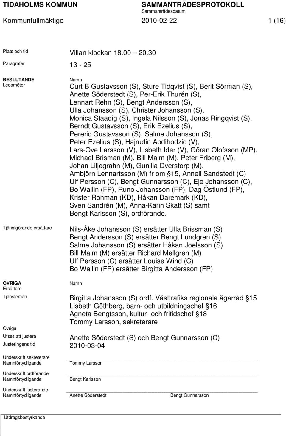 Andersson (S), Ulla Johansson (S), Christer Johansson (S), Monica Staadig (S), Ingela Nilsson (S), Jonas Ringqvist (S), Berndt Gustavsson (S), Erik Ezelius (S), Pereric Gustavsson (S), Salme