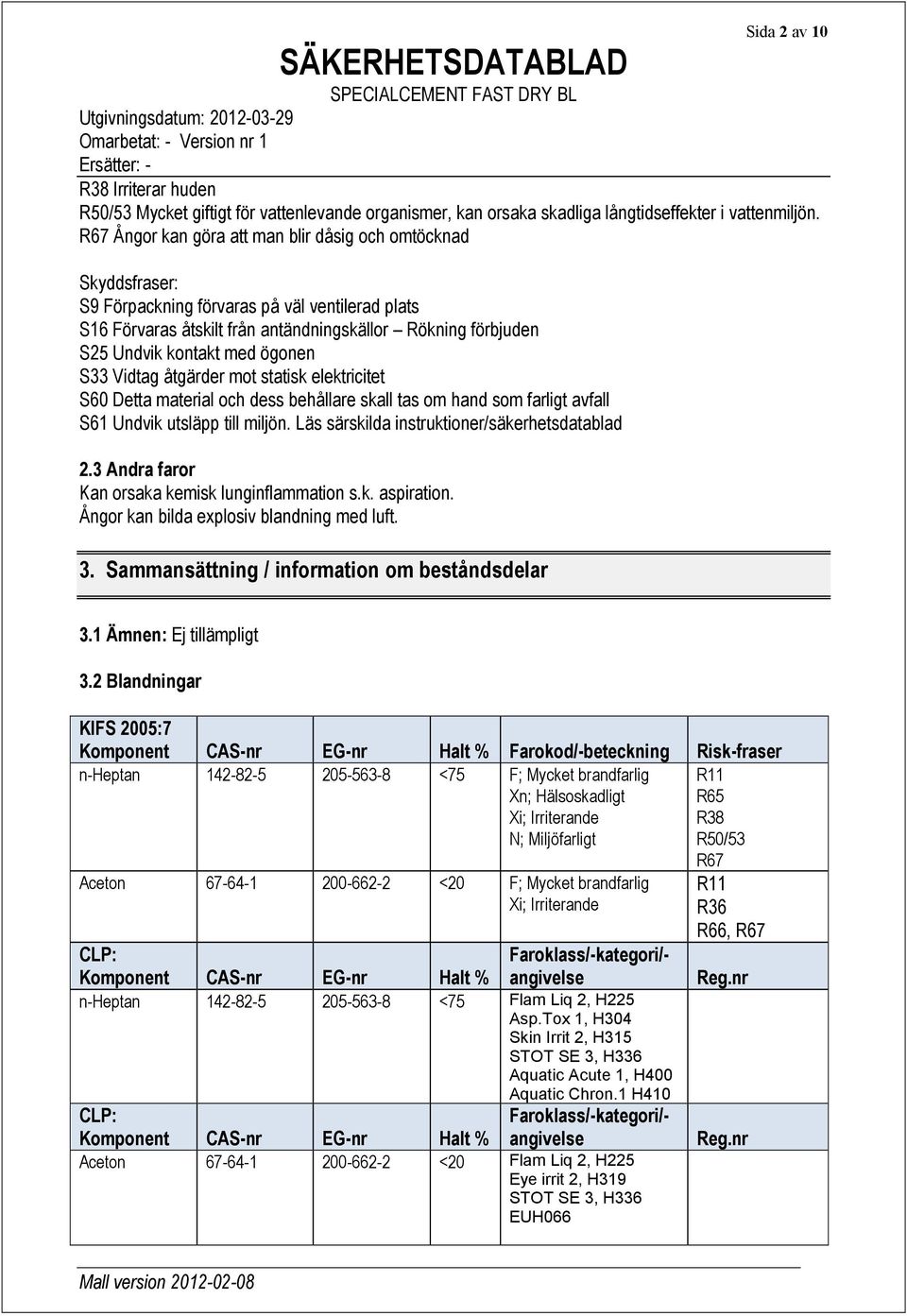 ögonen S33 Vidtag åtgärder mot statisk elektricitet S60 Detta material och dess behållare skall tas om hand som farligt avfall S61 Undvik utsläpp till miljön.