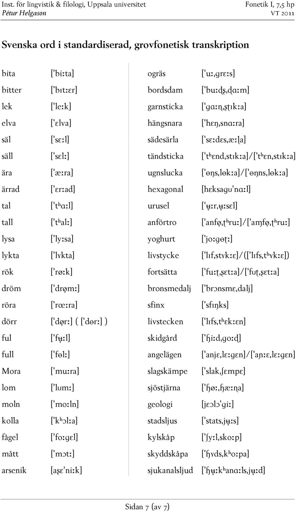 [ˈmɔtː] arsenik [aʂɛˈniːk] ogräs [ˈuːˌɡrɛːs] bordsdam [ˈbuːɖʂˌɖɑːm] garnsticka [ˈɡɑːɳˌʂʈɪkːa] hängsnara [ˈhɛŋˌsnɑːra] sädesärla [ˈsɛːdɛsˌæːɭa] tändsticka [ˈtʰɛndˌstɪkːa]/[ˈtʰɛnˌstɪkːa] ugnslucka