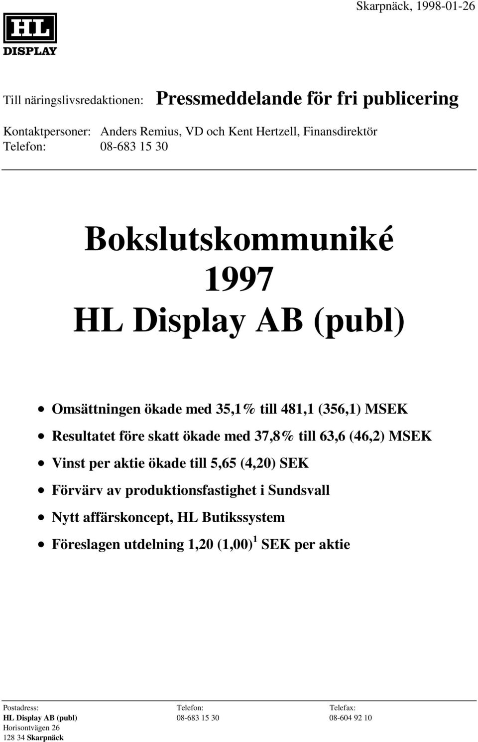 481,1 (356,1) MSEK Resultatet före skatt ökade med 37,8% till 63,6 (46,2) MSEK Vinst per aktie ökade till 5,65 (4,20) SEK