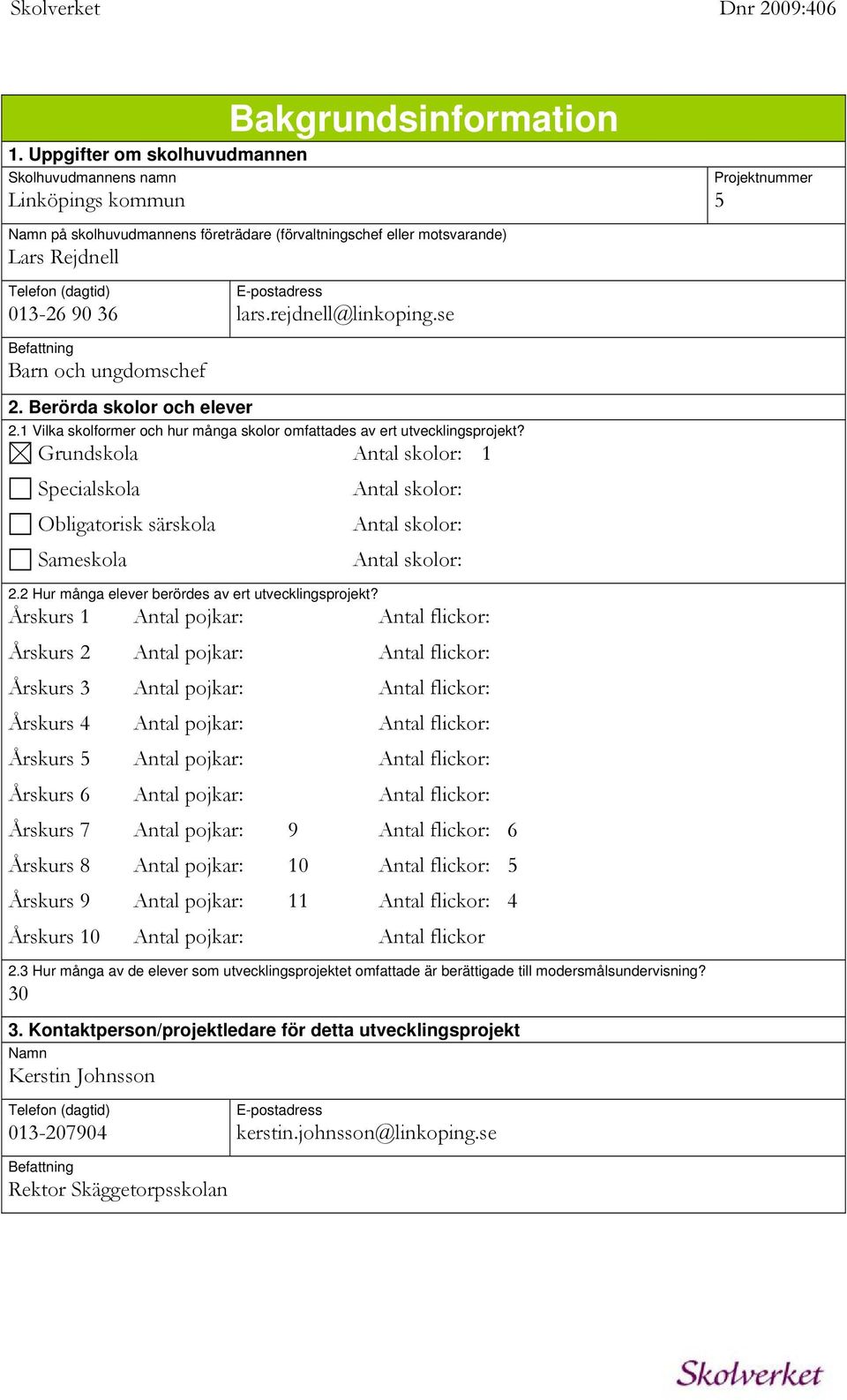 36 lars.rejdnell@linkoping.se Befattning Barn och ungdomschef 2. Berörda skolor och elever 2.1 Vilka skolformer och hur många skolor omfattades av ert utvecklingsprojekt?