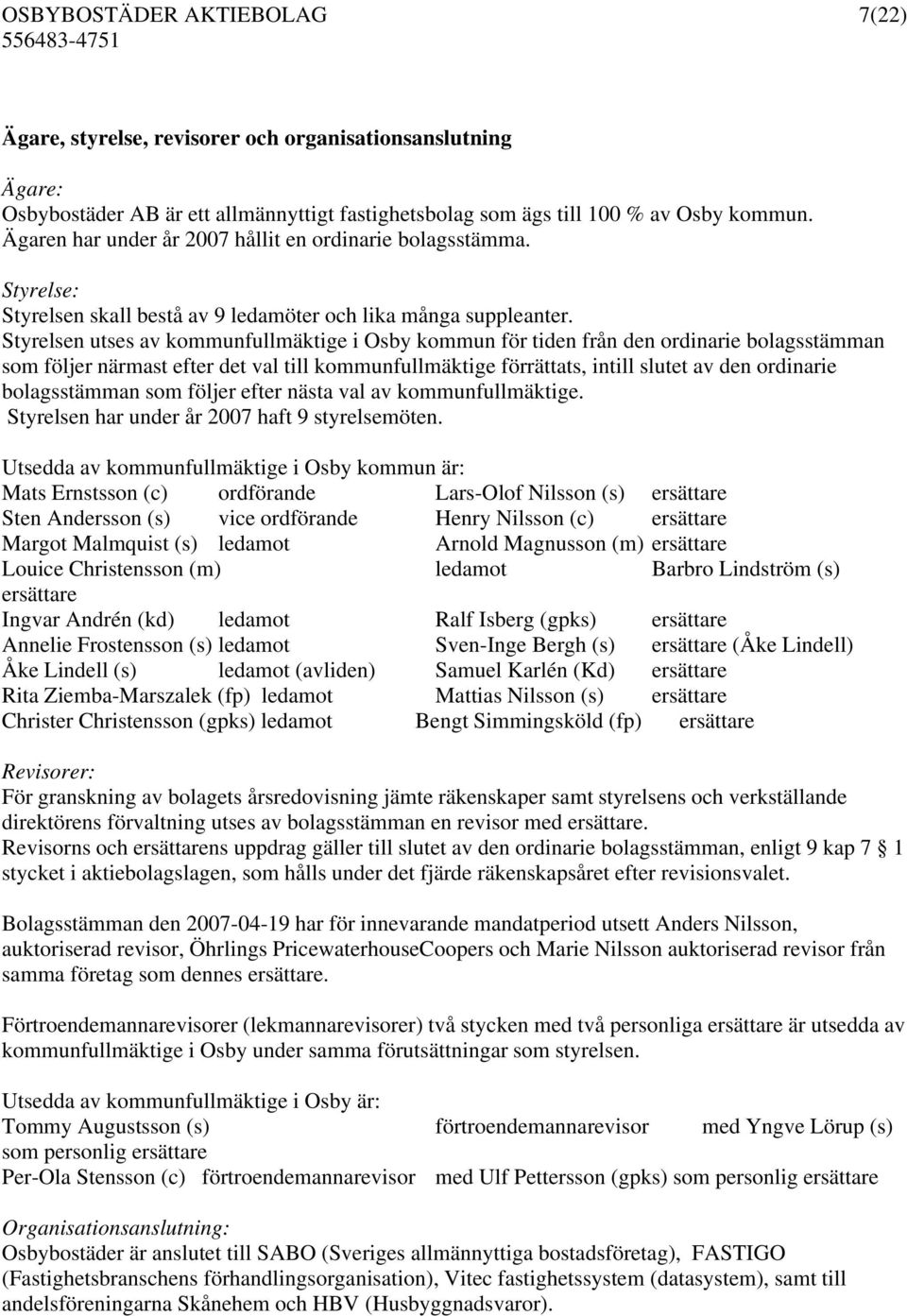 Styrelsen utses av kommunfullmäktige i Osby kommun för tiden från den ordinarie bolagsstämman som följer närmast efter det val till kommunfullmäktige förrättats, intill slutet av den ordinarie