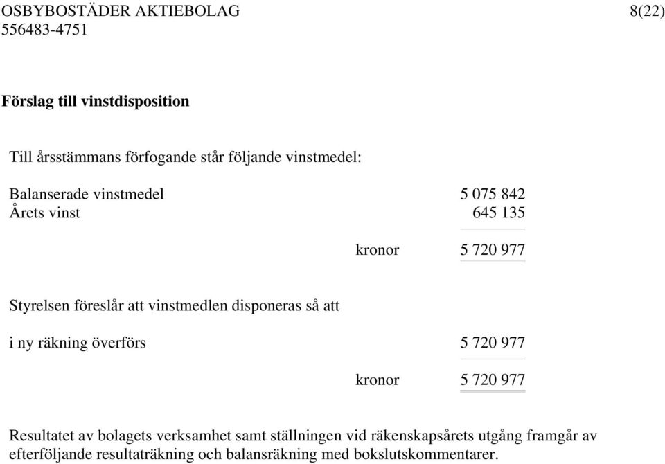 så att i ny räkning överförs 5 720 977 kronor 5 720 977 Resultatet av bolagets verksamhet samt