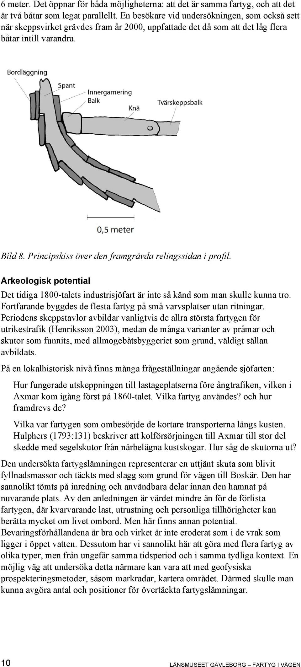 Principskiss över den framgrävda relingssidan i profil. Arkeologisk potential Det tidiga 1800-talets industrisjöfart är inte så känd som man skulle kunna tro.